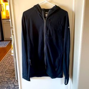 Marino wool zip up,hooded,long sleeve jacket with thumb holes,reflective zipper.